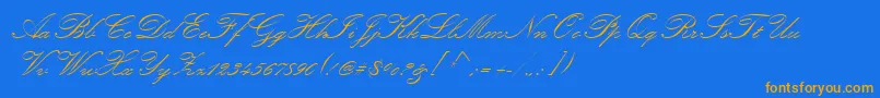 フォントKunstlerScript – オレンジ色の文字が青い背景にあります。