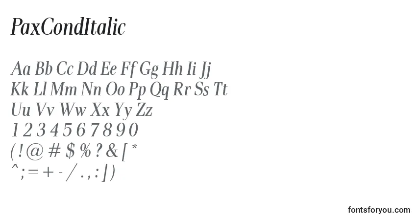 Schriftart PaxCondItalic – Alphabet, Zahlen, spezielle Symbole