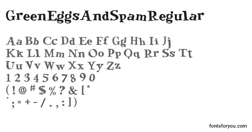 Czcionka GreenEggsAndSpamRegular – alfabet, cyfry, specjalne znaki