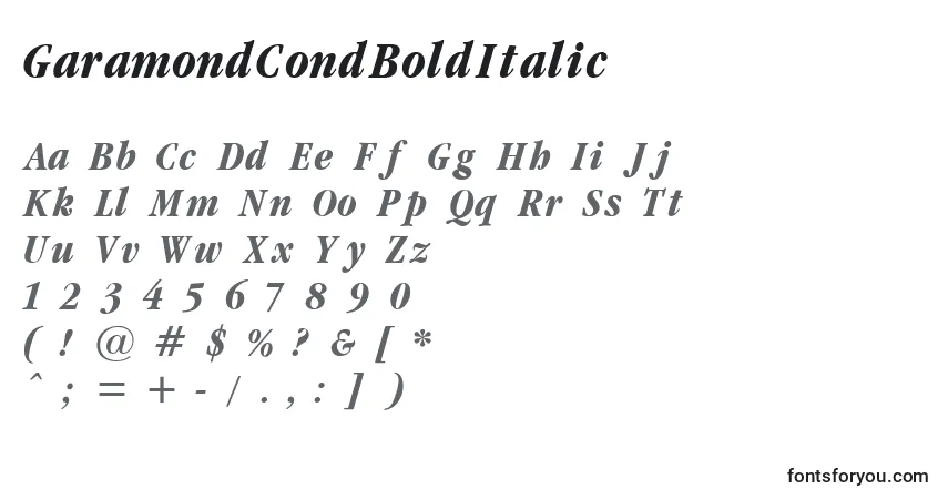 Czcionka GaramondCondBoldItalic – alfabet, cyfry, specjalne znaki