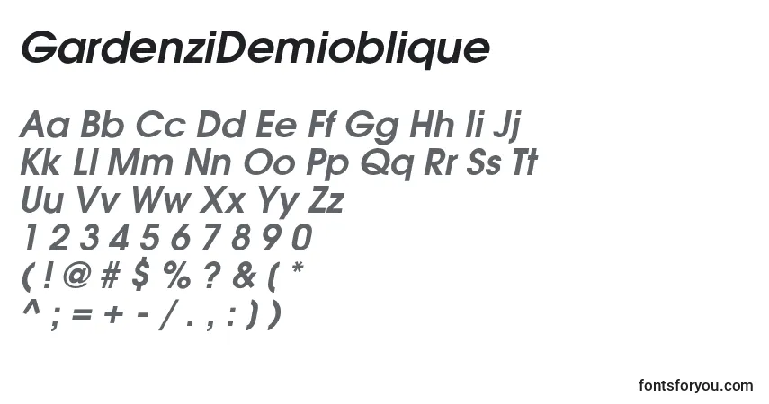 Шрифт GardenziDemioblique – алфавит, цифры, специальные символы