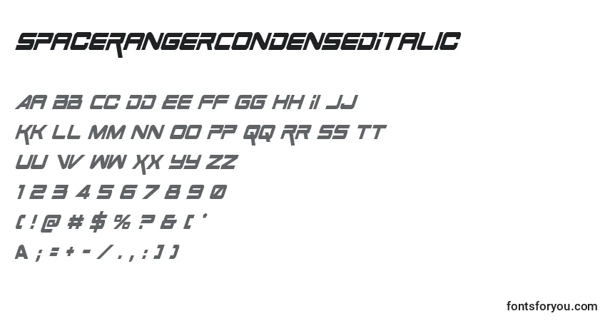 A fonte SpaceRangerCondensedItalic – alfabeto, números, caracteres especiais
