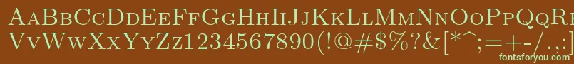 フォントLmromancaps10Regular – 緑色の文字が茶色の背景にあります。