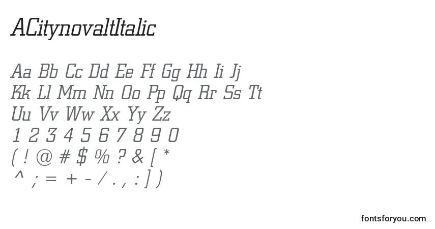 Шрифт ACitynovaltItalic – алфавит, цифры, специальные символы