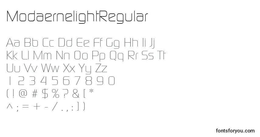 Schriftart ModaernelightRegular – Alphabet, Zahlen, spezielle Symbole