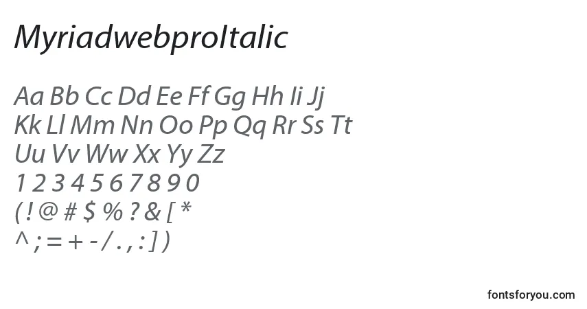 characters of myriadwebproitalic font, letter of myriadwebproitalic font, alphabet of  myriadwebproitalic font