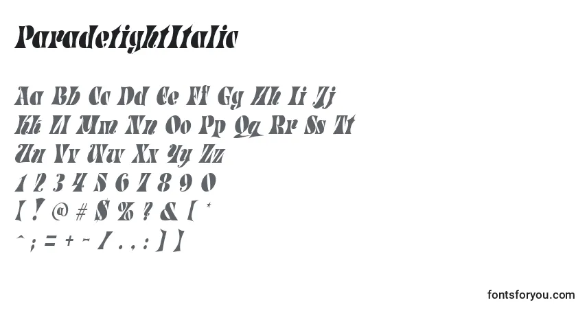 A fonte ParadetightItalic – alfabeto, números, caracteres especiais