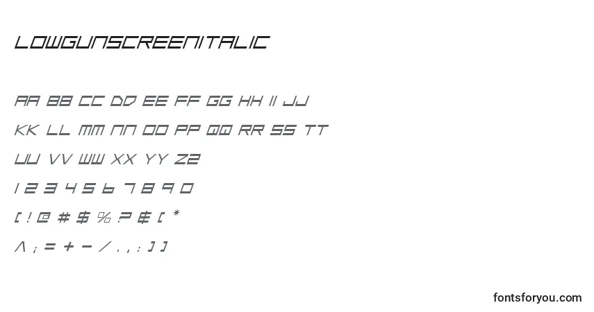 Schriftart LowGunScreenItalic – Alphabet, Zahlen, spezielle Symbole