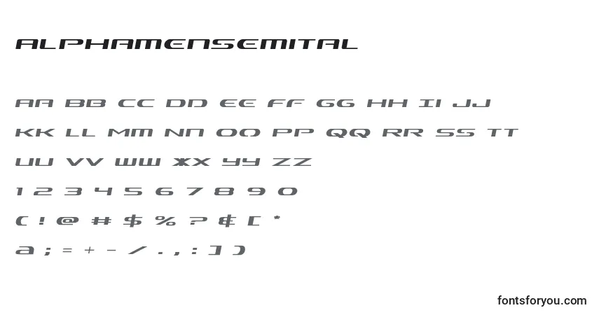 Czcionka Alphamensemital – alfabet, cyfry, specjalne znaki