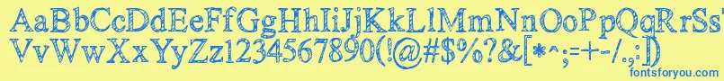 フォントKgnoregretssketch – 青い文字が黄色の背景にあります。