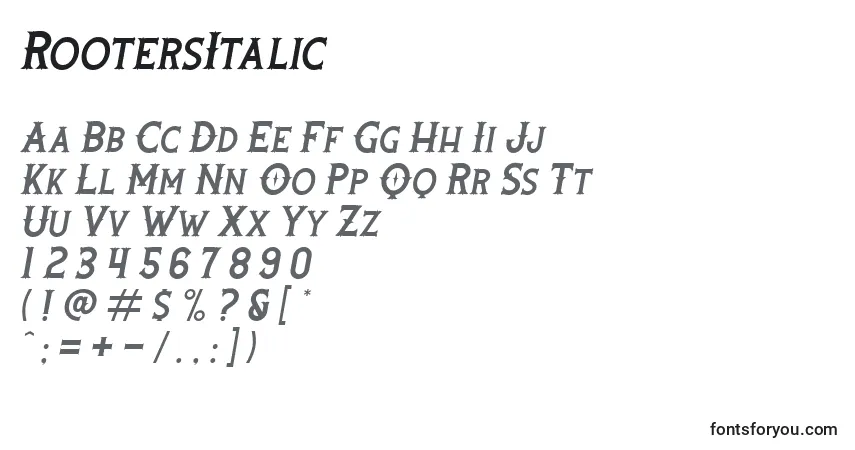 Шрифт RootersItalic – алфавит, цифры, специальные символы