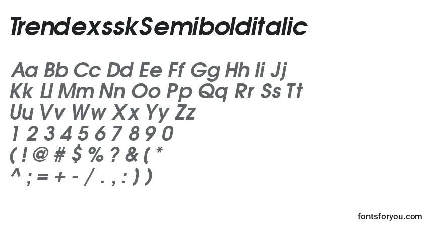 Czcionka TrendexsskSemibolditalic – alfabet, cyfry, specjalne znaki