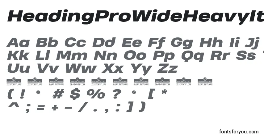 Шрифт HeadingProWideHeavyItalicTrial – алфавит, цифры, специальные символы
