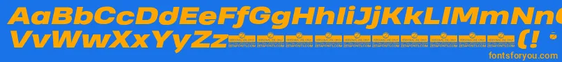 フォントHeadingProWideHeavyItalicTrial – オレンジ色の文字が青い背景にあります。