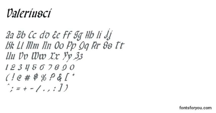A fonte Valeriusci – alfabeto, números, caracteres especiais