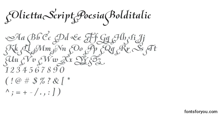 A fonte OliettaScriptPoesiaBolditalic – alfabeto, números, caracteres especiais
