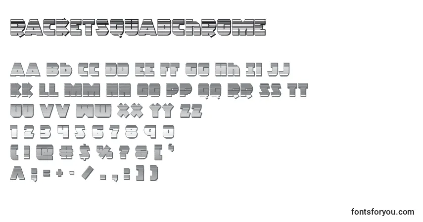 Czcionka Racketsquadchrome – alfabet, cyfry, specjalne znaki