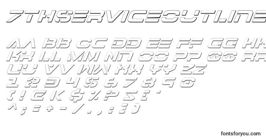 A fonte 7thServiceOutlineItalic – alfabeto, números, caracteres especiais