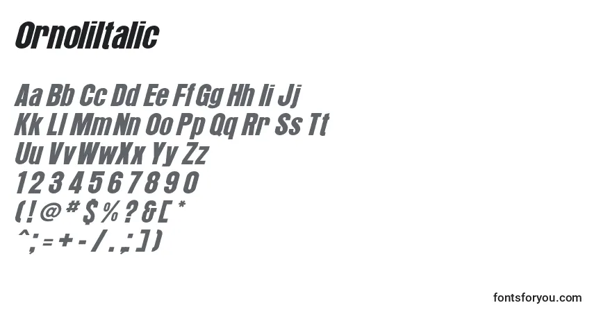 A fonte OrnoliItalic – alfabeto, números, caracteres especiais