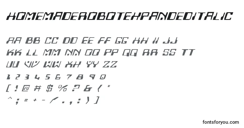 Czcionka HomemadeRobotExpandedItalic – alfabet, cyfry, specjalne znaki