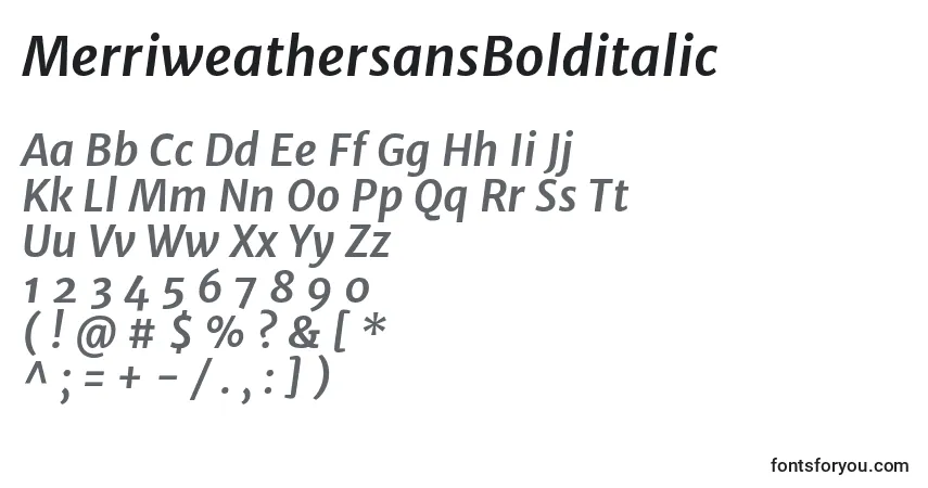 A fonte MerriweathersansBolditalic – alfabeto, números, caracteres especiais