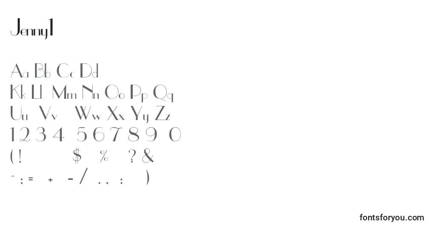 Czcionka Jenny1 – alfabet, cyfry, specjalne znaki