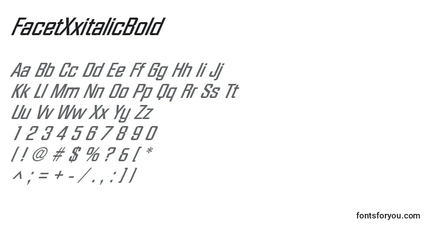 Czcionka FacetXxitalicBold – alfabet, cyfry, specjalne znaki