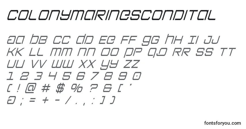 Czcionka Colonymarinescondital – alfabet, cyfry, specjalne znaki