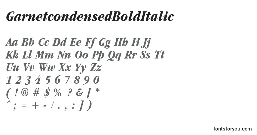 Шрифт GarnetcondensedBoldItalic – алфавит, цифры, специальные символы