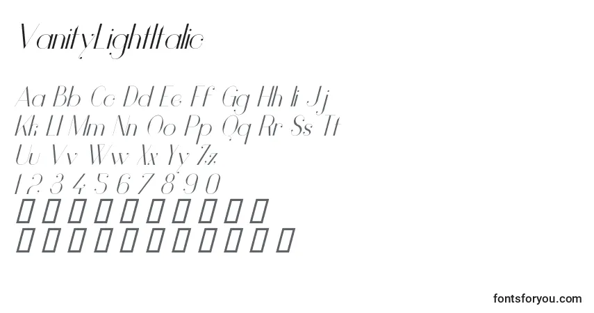 Czcionka VanityLightItalic – alfabet, cyfry, specjalne znaki