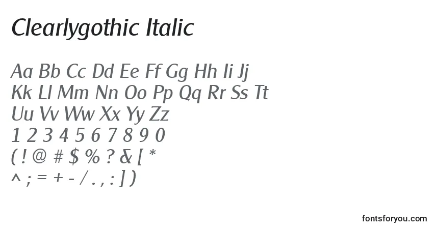 Шрифт Clearlygothic Italic – алфавит, цифры, специальные символы