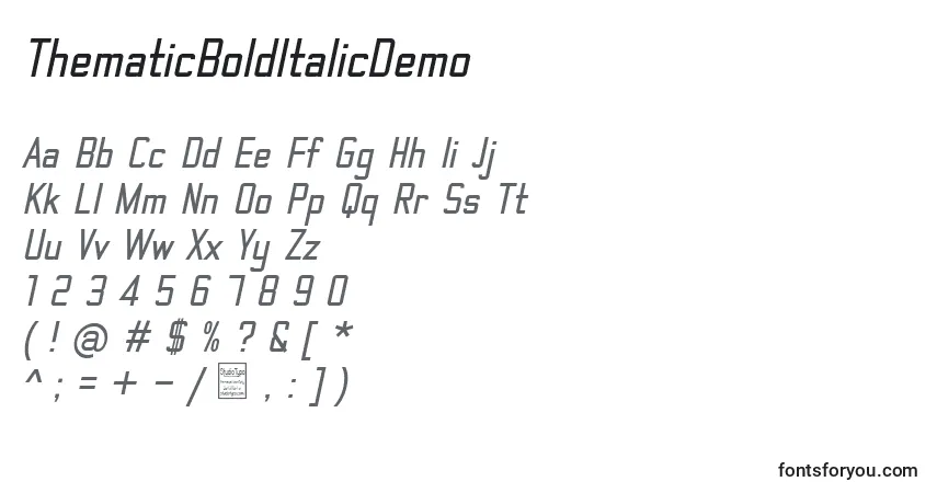 A fonte ThematicBoldItalicDemo – alfabeto, números, caracteres especiais