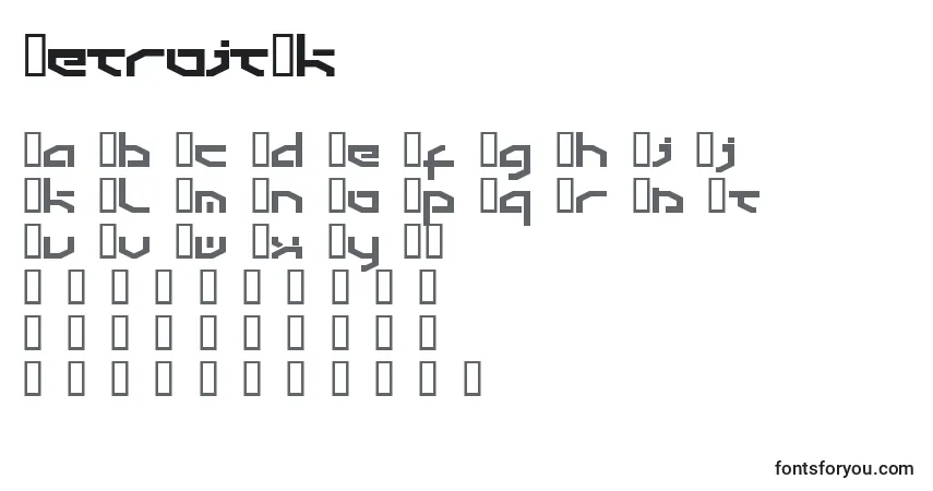 Schriftart Detroit3k – Alphabet, Zahlen, spezielle Symbole