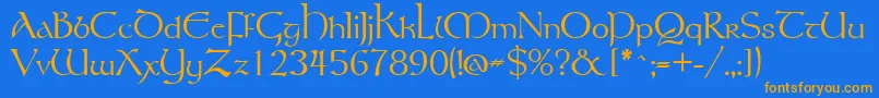 フォントTolkien – オレンジ色の文字が青い背景にあります。