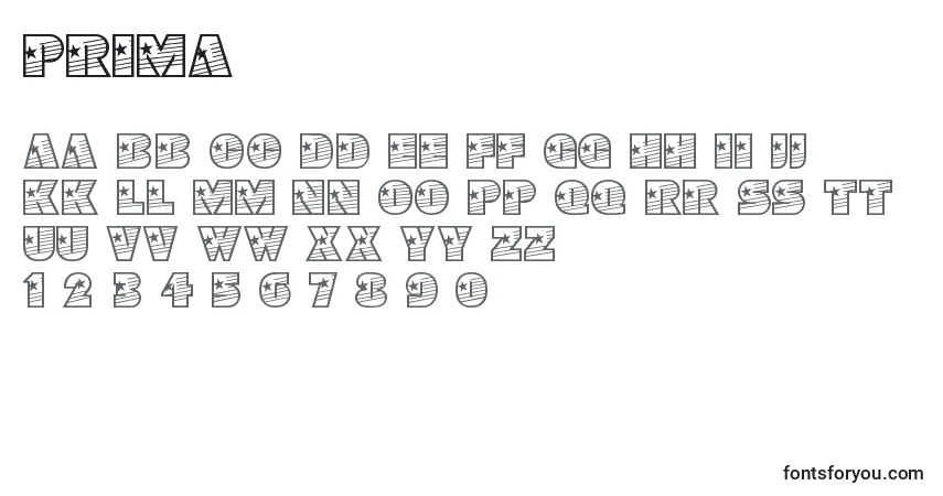 Czcionka Prima – alfabet, cyfry, specjalne znaki