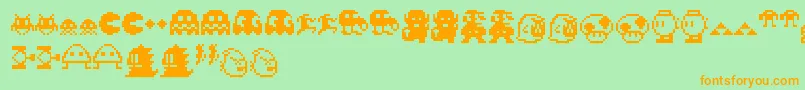 Pixelcharas-Schriftart – Orangefarbene Schriften auf grünem Hintergrund