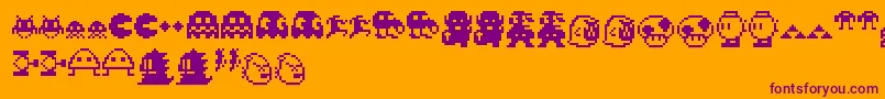 Pixelcharas-Schriftart – Violette Schriften auf orangefarbenem Hintergrund