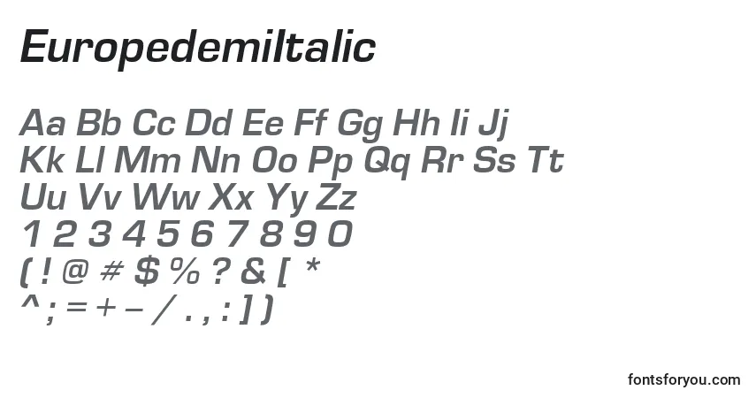 Czcionka EuropedemiItalic – alfabet, cyfry, specjalne znaki
