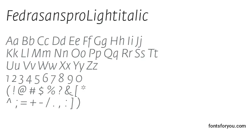 Шрифт FedrasansproLightitalic – алфавит, цифры, специальные символы