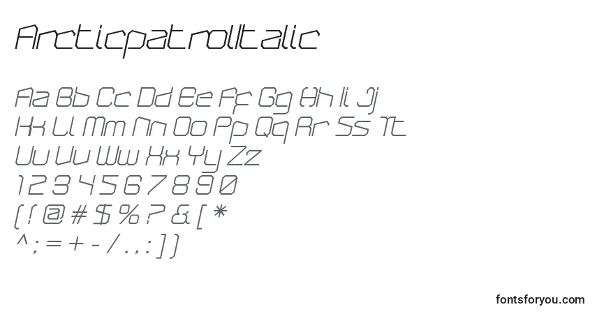 Czcionka ArcticpatrolItalic – alfabet, cyfry, specjalne znaki