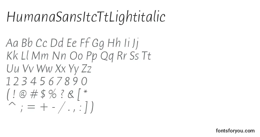 Czcionka HumanaSansItcTtLightitalic – alfabet, cyfry, specjalne znaki