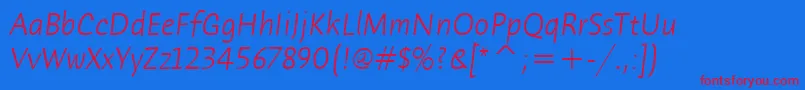 HumanaSansItcTtLightitalic-Schriftart – Rote Schriften auf blauem Hintergrund