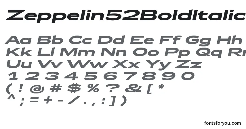 A fonte Zeppelin52BoldItalic – alfabeto, números, caracteres especiais