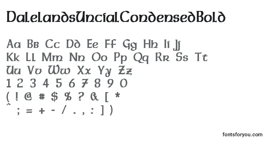 A fonte DalelandsUncialCondensedBold – alfabeto, números, caracteres especiais