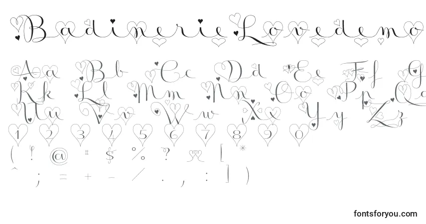 characters of badinerielovedemo font, letter of badinerielovedemo font, alphabet of  badinerielovedemo font