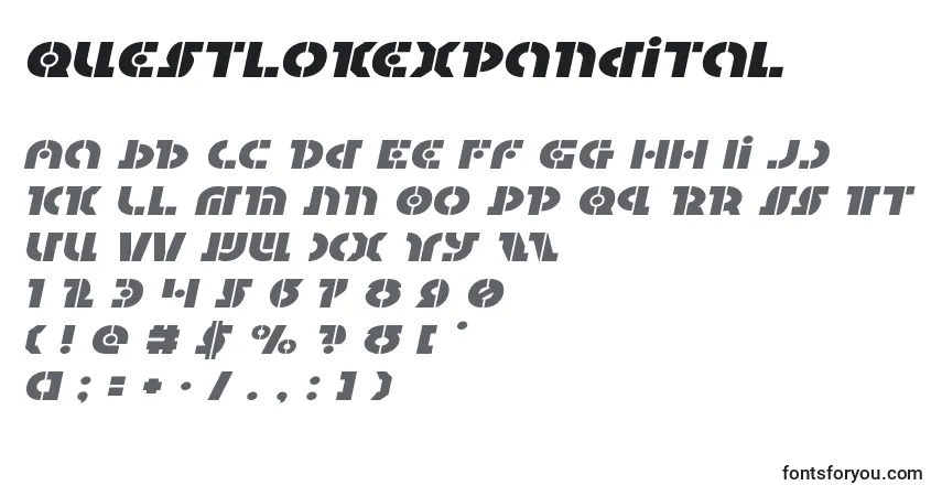 Шрифт Questlokexpandital – алфавит, цифры, специальные символы
