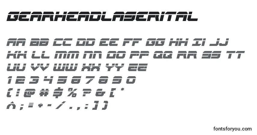 Czcionka Gearheadlaserital – alfabet, cyfry, specjalne znaki