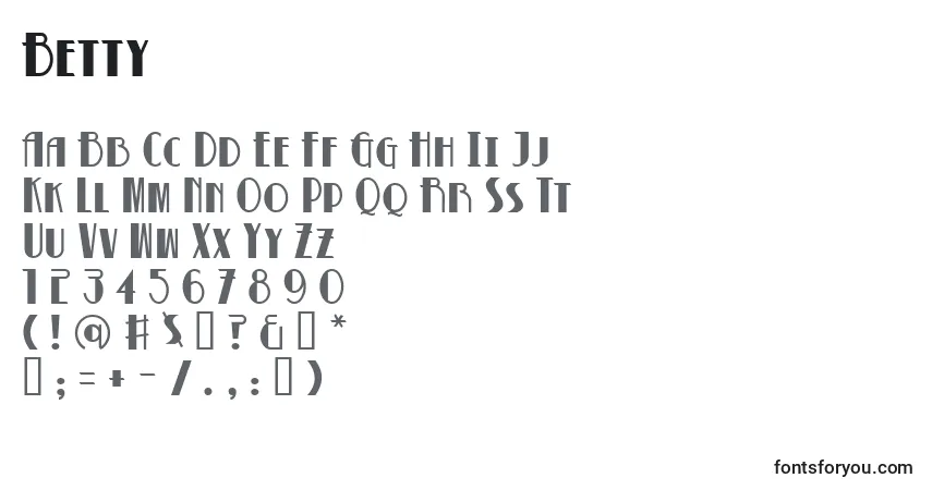 Czcionka Betty – alfabet, cyfry, specjalne znaki