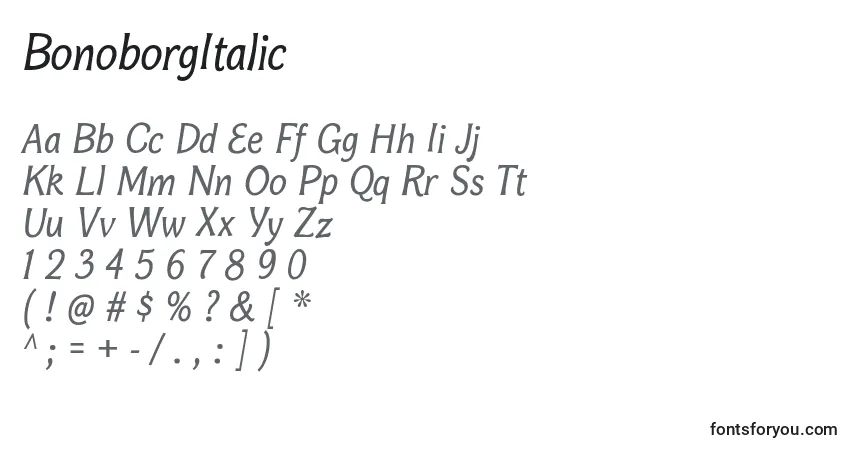 Czcionka BonoborgItalic – alfabet, cyfry, specjalne znaki