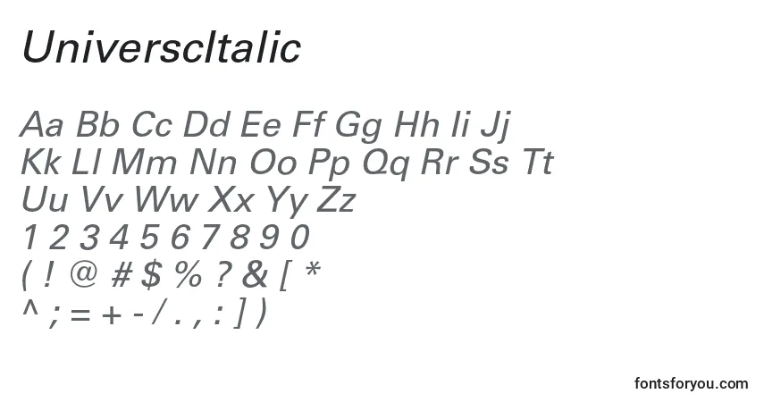 Czcionka UniverscItalic – alfabet, cyfry, specjalne znaki